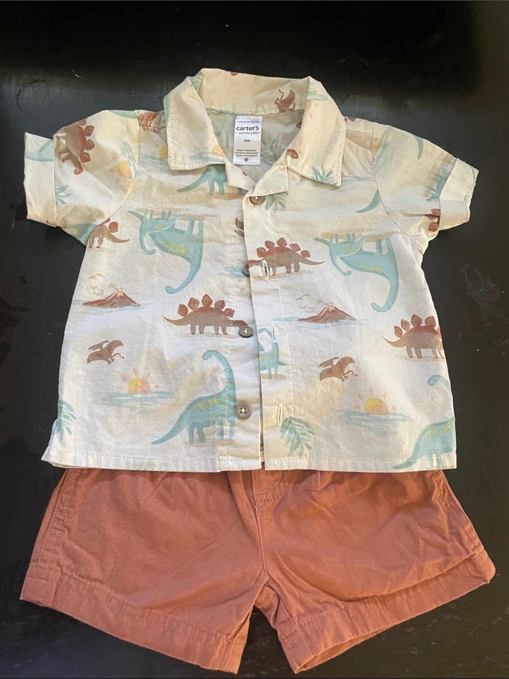 Carter's Cream Dino Button-Up Shirt with Teal and Rust Accents with shorts